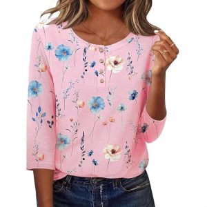 Printed 34 Sleeves Button Women's T-shirt - Image 9