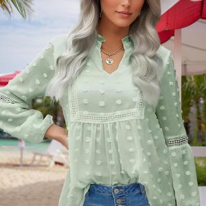 Women's V-Neck Long Sleeve Blouse - Lace Cutout & Jacquard Detail Loose Top Spring Summer Casual Shirt - Image 6