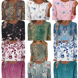 Printed 34 Sleeves Button Women's T-shirt - Image 2
