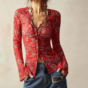 Women Button Down Floral Shirts 2025 Fall Trendy Long Sleeve V Neck Ruched Fitted Blouse Tops - Image 5