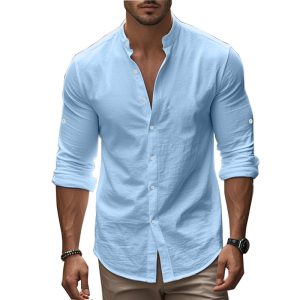 Standing Collar Solid Color Casual Cotton Linen Shirt - Image 10