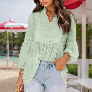 Women's V-Neck Long Sleeve Blouse - Lace Cutout & Jacquard Detail Loose Top Spring Summer Casual Shirt - Image 5