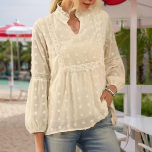 Women's V-Neck Long Sleeve Blouse - Lace Cutout & Jacquard Detail Loose Top Spring Summer Casual Shirt - Image 3