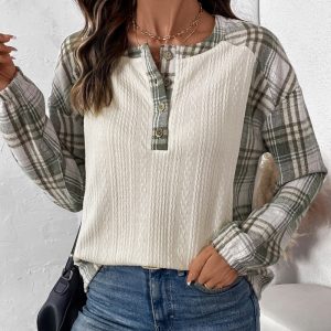 Casual Simple Retro Style Texture Fabric Plaid Stitching Top For Women - Image 3