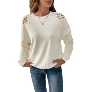 Casual Simple Elegant Embroidery Hollow-out Flowers Print Sweater - Image 6