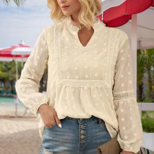 Women's V-Neck Long Sleeve Blouse - Lace Cutout & Jacquard Detail Loose Top Spring Summer Casual Shirt - Image 10