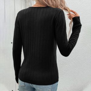 European And American Fall Women's Clothing Sunken Stripe V-neck Black Sweater For Women - Image 5