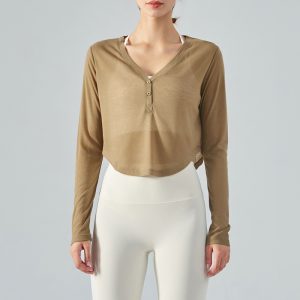 Loose V-neck Yoga Blouse Long Sleeve T-shirt Casual Draping Effect - Image 3