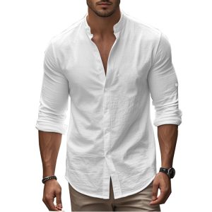 Standing Collar Solid Color Casual Cotton Linen Shirt - Image 5