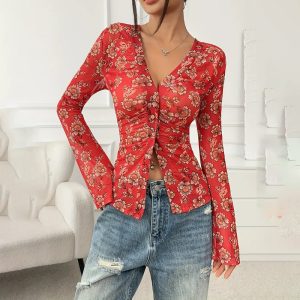 Women Button Down Floral Shirts 2025 Fall Trendy Long Sleeve V Neck Ruched Fitted Blouse Tops - Image 6