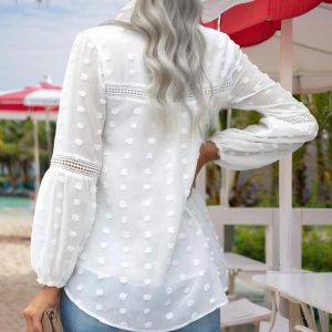Women's V-Neck Long Sleeve Blouse - Lace Cutout & Jacquard Detail Loose Top Spring Summer Casual Shirt - Image 8