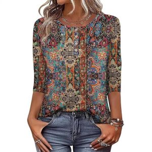 Printed 34 Sleeves Button Women's T-shirt - Image 1