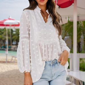 Women's V-Neck Long Sleeve Blouse - Lace Cutout & Jacquard Detail Loose Top Spring Summer Casual Shirt - Image 7