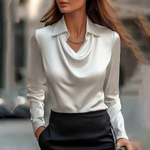 Women's Elegant Long Sleeve Blouse - Solid Color Lapel Top With Ruched Chest Detail Office & Casual Wear For Spring Fall - Image 7
