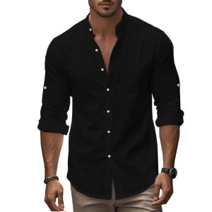 Standing Collar Solid Color Casual Cotton Linen Shirt - Image 6