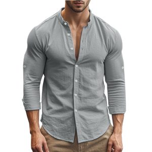 Standing Collar Solid Color Casual Cotton Linen Shirt - Image 8