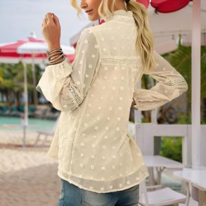 Women's V-Neck Long Sleeve Blouse - Lace Cutout & Jacquard Detail Loose Top Spring Summer Casual Shirt - Image 9