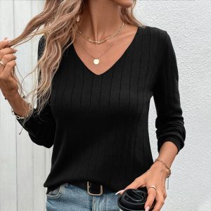 European And American Fall Women's Clothing Sunken Stripe V-neck Black Sweater For Women - Image 4