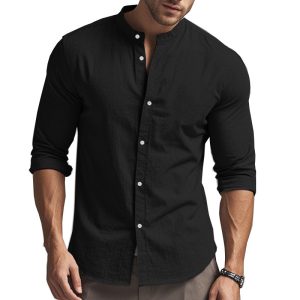 Standing Collar Solid Color Casual Cotton Linen Shirt - Image 3