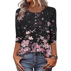 Printed 34 Sleeves Button Women's T-shirt - Image 6