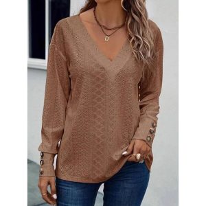 Womens Long Sleeve Eyelet Tops V Neck Fall Shirts Casual Loose Blouses Trendy Clothes - Image 6