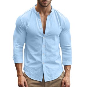 Standing Collar Solid Color Casual Cotton Linen Shirt - Image 4
