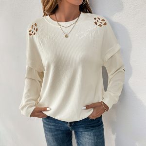 Casual Simple Elegant Embroidery Hollow-out Flowers Print Sweater - Image 4