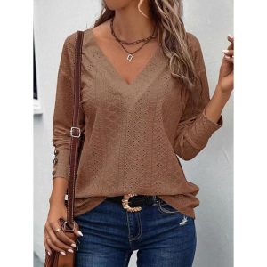 Womens Long Sleeve Eyelet Tops V Neck Fall Shirts Casual Loose Blouses Trendy Clothes - Image 5