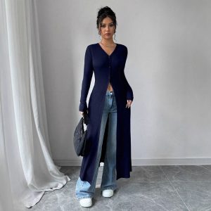 European And American Solid Color Long Button Cardigan Slim Fit Slimming Top Women - Image 4