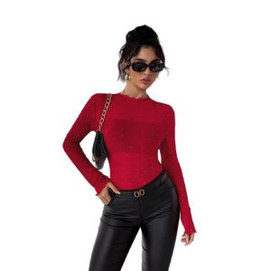 European And American Sequined Top Women's Slim-fit Long-sleeved Shiny Bling Commuter Top - Image 5