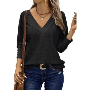 Womens Long Sleeve Eyelet Tops V Neck Fall Shirts Casual Loose Blouses Trendy Clothes - Image 8