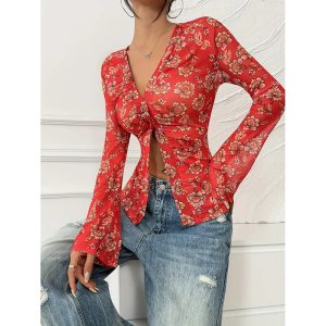 Women Button Down Floral Shirts 2025 Fall Trendy Long Sleeve V Neck Ruched Fitted Blouse Tops - Image 7