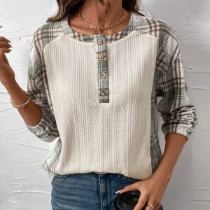 Casual Simple Retro Style Texture Fabric Plaid Stitching Top For Women - Image 6