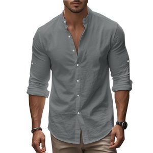 Standing Collar Solid Color Casual Cotton Linen Shirt - Image 7
