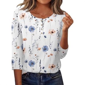Printed 34 Sleeves Button Women's T-shirt - Image 8