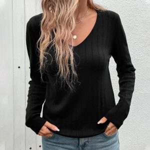 European And American Fall Women's Clothing Sunken Stripe V-neck Black Sweater For Women - Image 6
