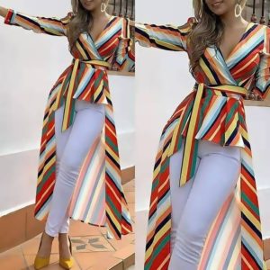 Rainbow Stripes Deep V-neck Slim-fit Front Short Back Large Coat - Image 4