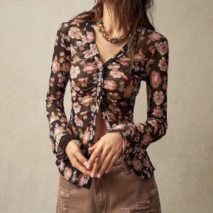 Women Button Down Floral Shirts 2025 Fall Trendy Long Sleeve V Neck Ruched Fitted Blouse Tops - Image 4