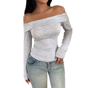 Light Gray Slim Fit Hot Girl Off-shoulder T-shirt - Image 3