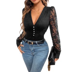 Sexy Retro Elegant Style Deep V-neck Lace Long Sleeve Jumpsuit - Image 3