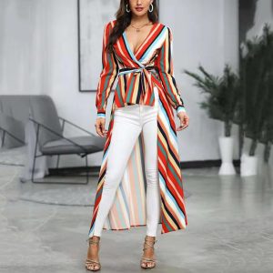 Rainbow Stripes Deep V-neck Slim-fit Front Short Back Large Coat - Image 2