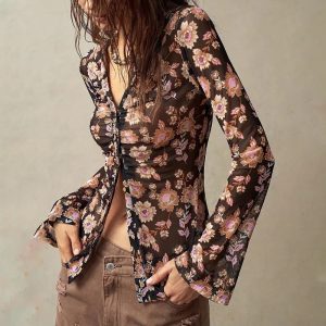 Women Button Down Floral Shirts 2025 Fall Trendy Long Sleeve V Neck Ruched Fitted Blouse Tops - Image 10
