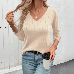 European And American Fall Women's Clothing Sunken Stripe V-neck Black Sweater For Women - Image 7