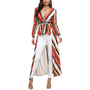 Rainbow Stripes Deep V-neck Slim-fit Front Short Back Large Coat - Image 3