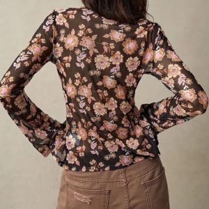 Women Button Down Floral Shirts 2025 Fall Trendy Long Sleeve V Neck Ruched Fitted Blouse Tops - Image 9