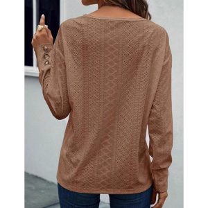 Womens Long Sleeve Eyelet Tops V Neck Fall Shirts Casual Loose Blouses Trendy Clothes - Image 9