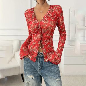 Women Button Down Floral Shirts 2025 Fall Trendy Long Sleeve V Neck Ruched Fitted Blouse Tops - Image 8