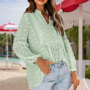 Women's V-Neck Long Sleeve Blouse - Lace Cutout & Jacquard Detail Loose Top Spring Summer Casual Shirt - Image 4