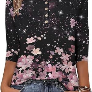 Printed 34 Sleeves Button Women's T-shirt - Image 5