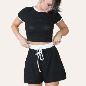 Ribbed Contrast Waistband Top And Short Set - Image 1